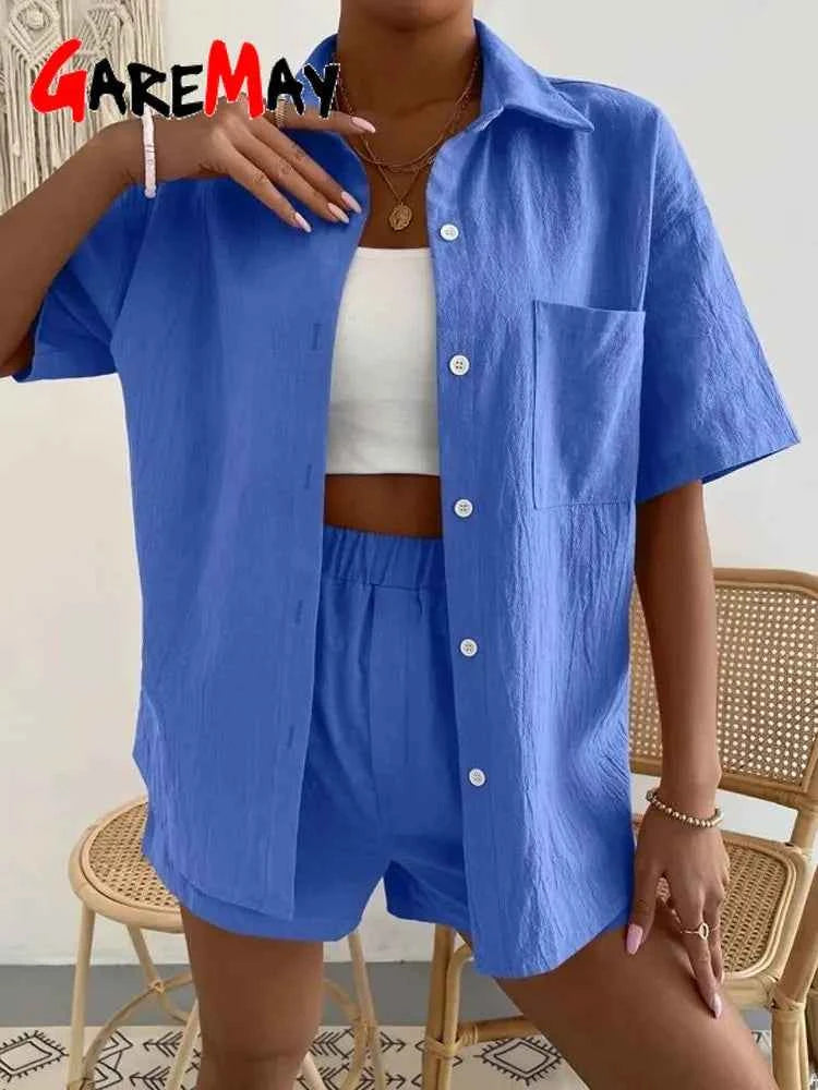 Women's Cotton Suit  Short Sleeve Casual Elegant Green Soild Two Piece Set Women Outfit Suit Shorts and Shirt for Women