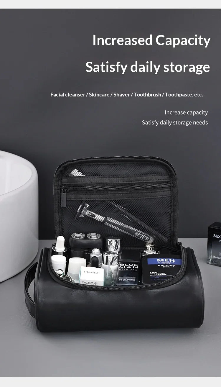Large Capacity Men Leather Wash Bag Travel Business Trips Portable Cosmetic Bag Multi Pocket Design Handheld Leather Wash Bag LI