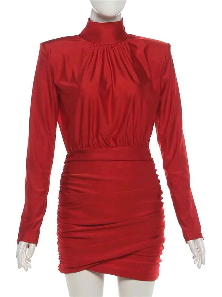 Nibber Classic Turtleneck Dress Women Shoulder Padded Ruched Sexy Office Commute Simple Peach Hip Skinny Elegant Mini Bodycon