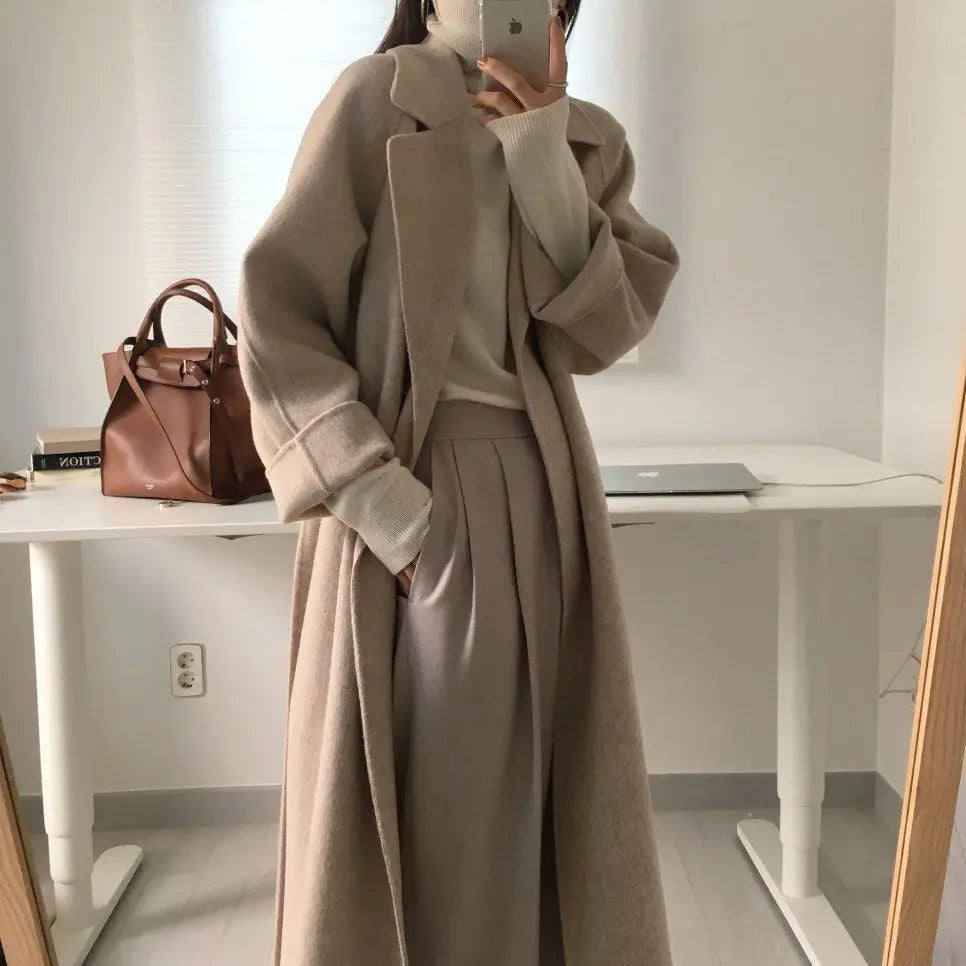 Chic Thick Warm Lapel Lace-up Pockets Loose Woolen Coat 2025 Autumn Winter New Korean Female Long Oversize Casual Women Clothes