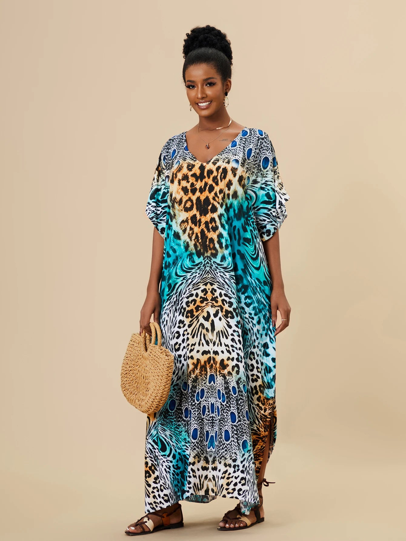EDOLYNSA 2023 Bohemian Printed Loose Kaftan Casual Summer Vacation Maxi Dress Women Clothing Beach Wear Swim Suit Cover Up Q1469