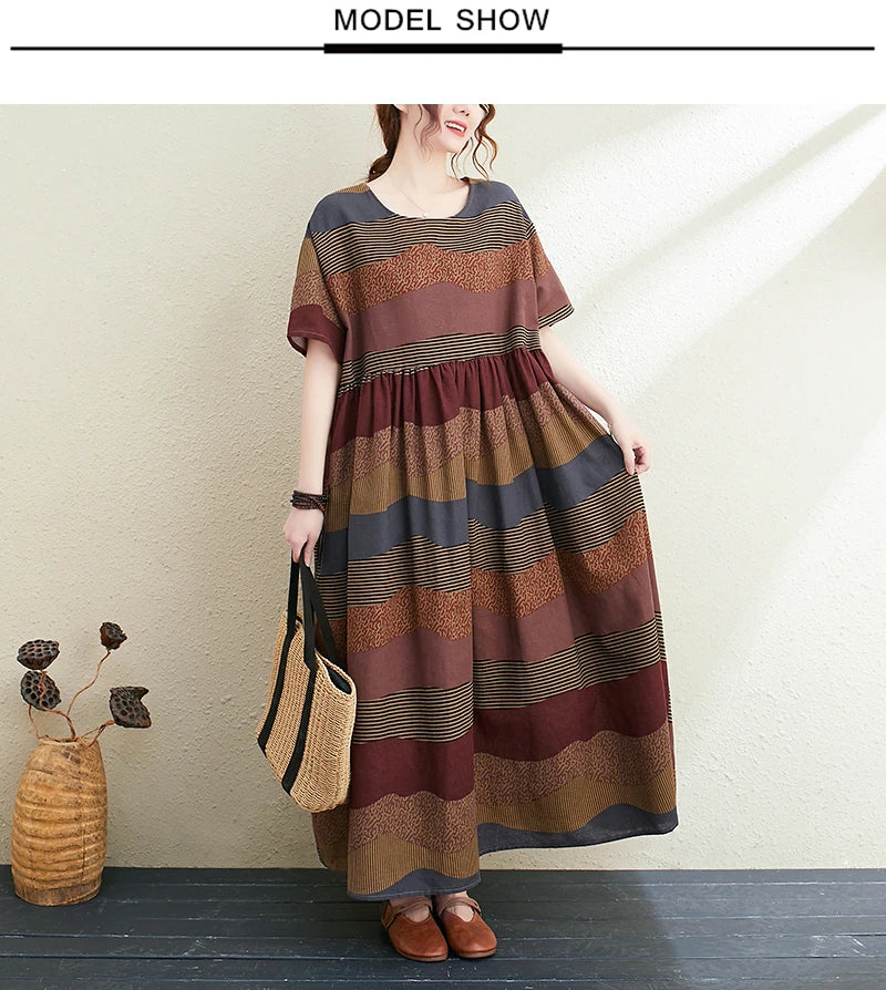 2026 New Summer Cotton Linen Short Sleeve Vintage Striped Print Dresses For Women Long Fashion Dress Elegant Vestidos Robe Femme