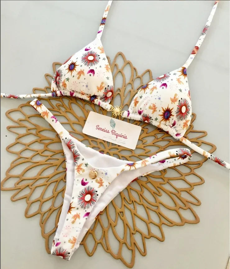 Print Sexy Bikini Sets Halter Lace-up Tops Thongs Beach Style Bathing Suit Y2k Swimsuits Women Beachwear Купальник Женский