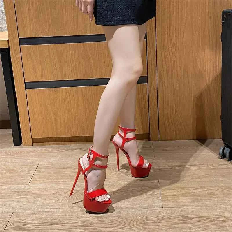 Liyke Sexy Red High Heels Platform Sandals For Women Fashion Double Buckle Strap Open Toe Wedding Banquet Shoes Big Size 45 46