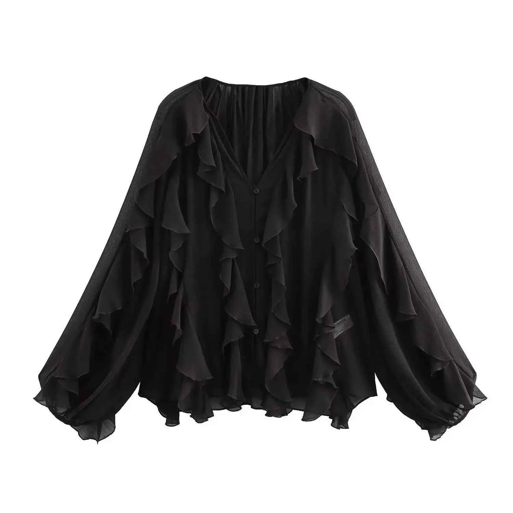Women Casual Ruffled Shirt Women Loose Lace Up Hollow Out V Neck Tops Spring Blouses Women Clothes 4786063