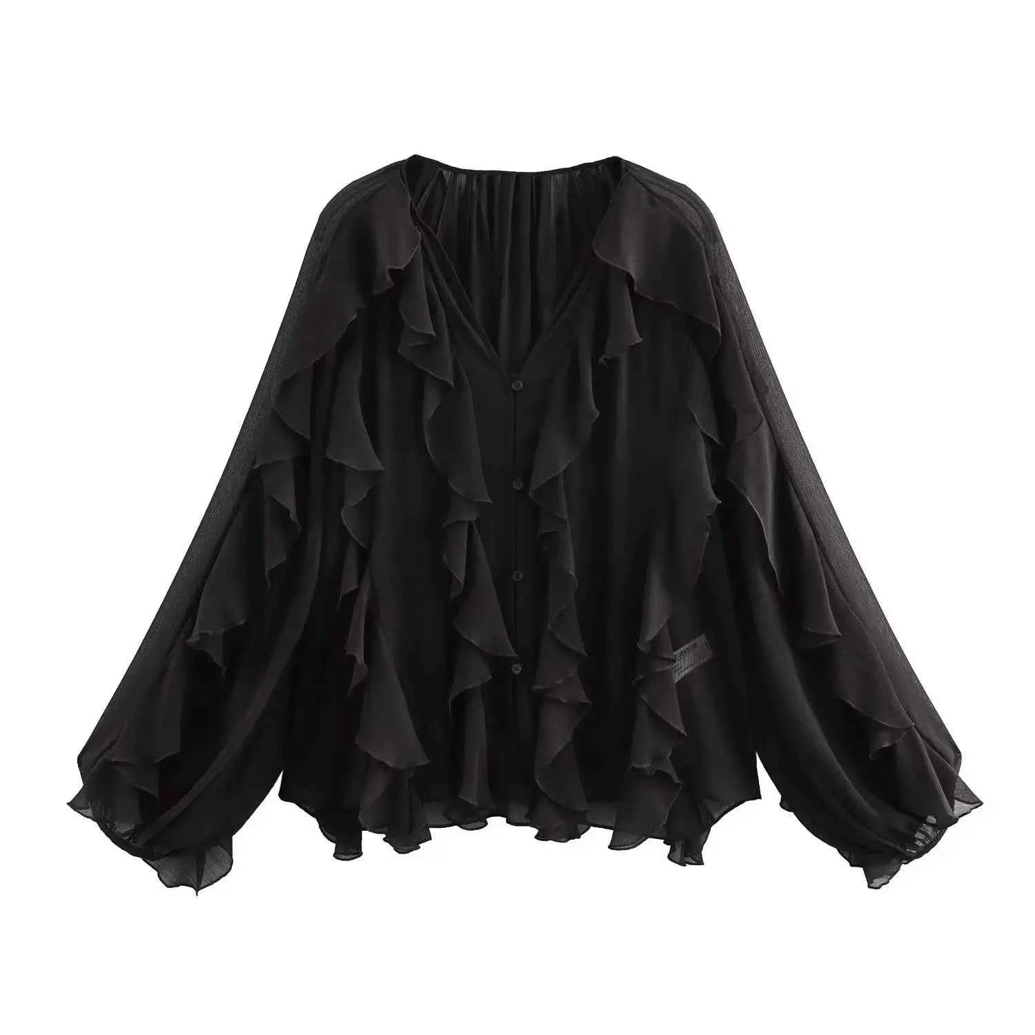 Women Casual Ruffled Shirt Women Loose Lace Up Hollow Out V Neck Tops Spring Blouses Women Clothes 4786063