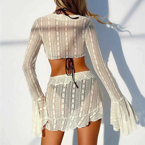 2026 Sexy Four-piece Women Swimsuit Long-sleeve Cover-up Swimwear Summer Solid Bikini Set Brazilian Beachwear Party bathing suit