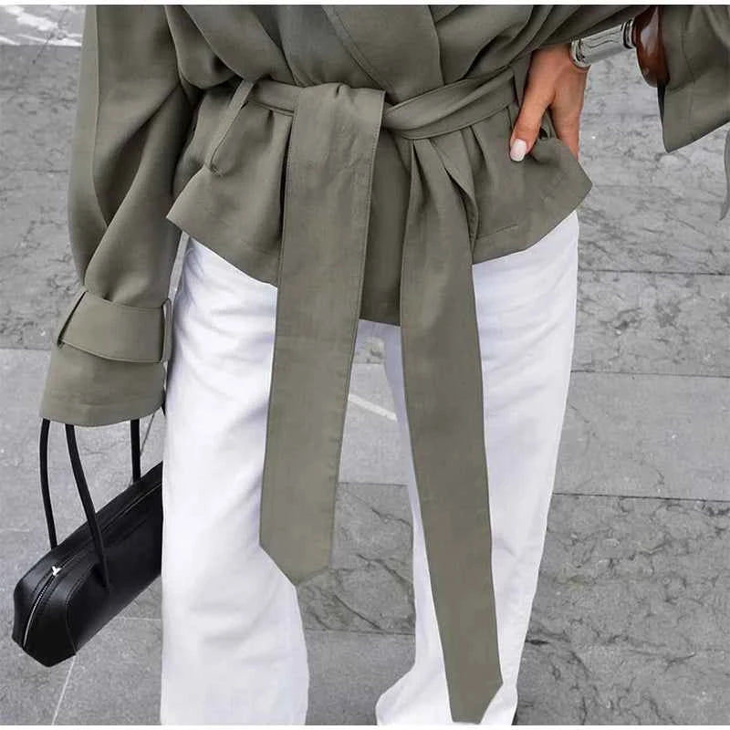 Cropped Lace-up Blue Casual Trench Coat Women Lapel Long Sleeve Wide Shoulder Windbreaker Jacket Fall Commute Daily Streetwear