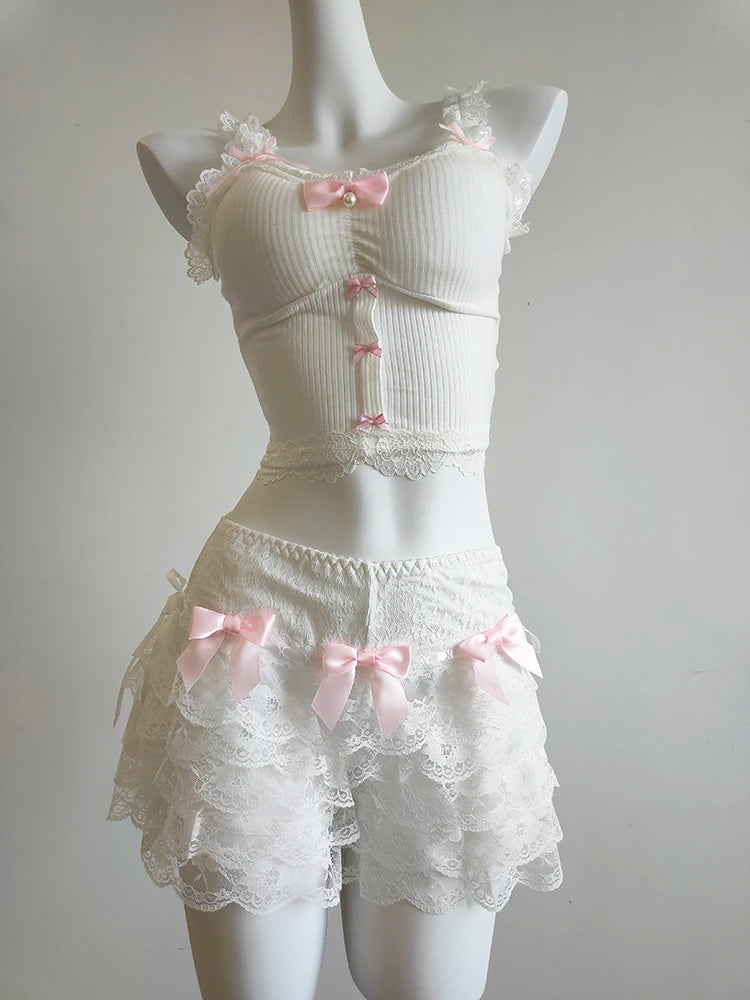 Sweet Crop Top Women Lace Trim Cotton Cropped Bows Bead Decoration Pink White Cute Camis Sweet Girls Lolita Style Kawaii Clothes