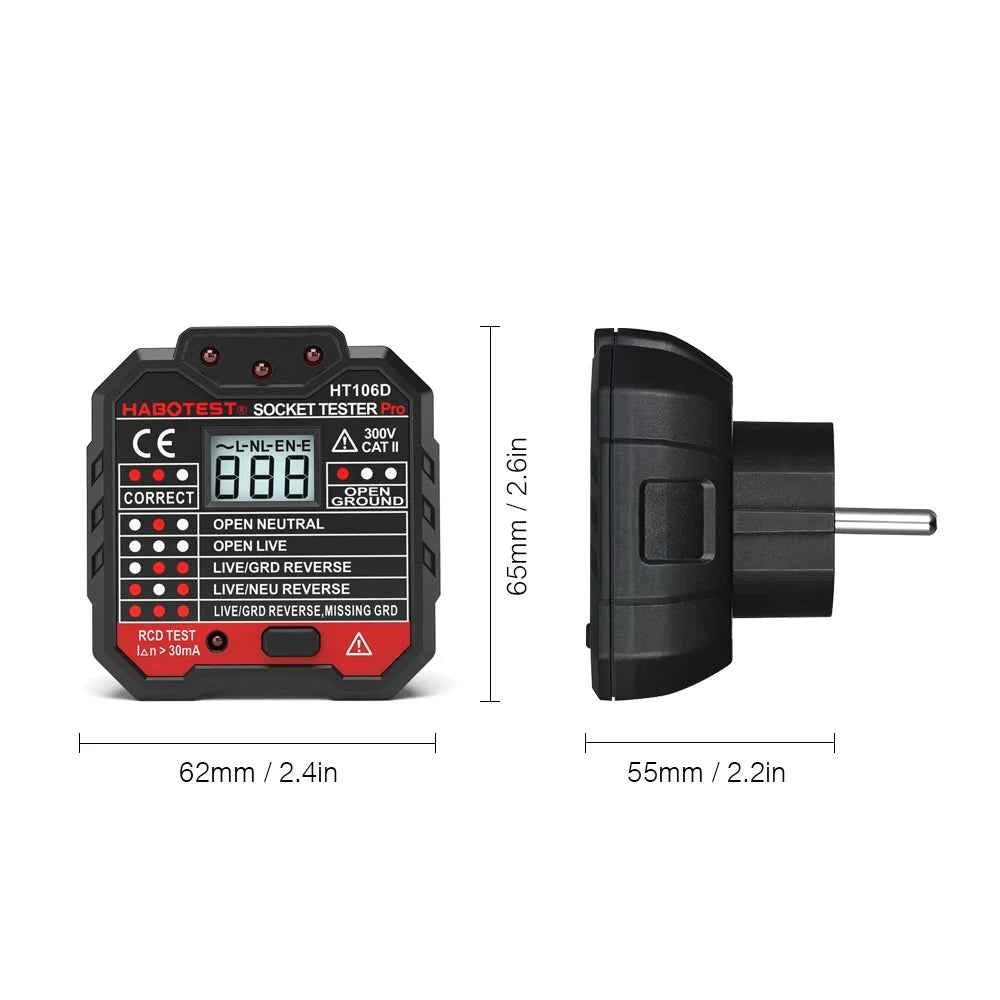 HT107 Outlet Socket Tester Digital Plug AC Voltage Detect 30mA RCD Test Polarity Phase Check Circuit Checker Bicolor Backlight