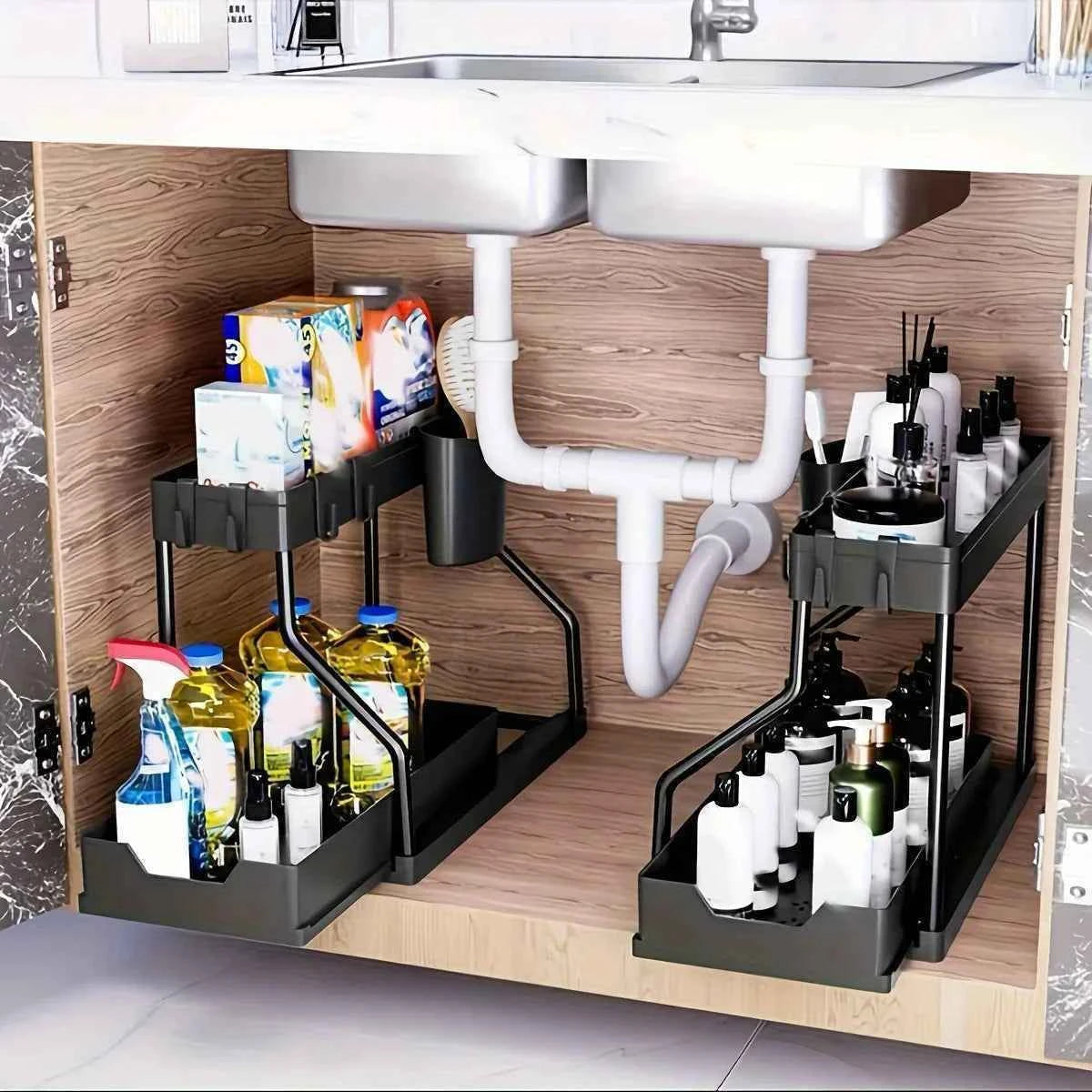 Space Saving 2 Tier Under Sink Organizer,Pull Out Storage Box Durable Large Capacity Kitchen Bathroom Essential Drawer Organizer