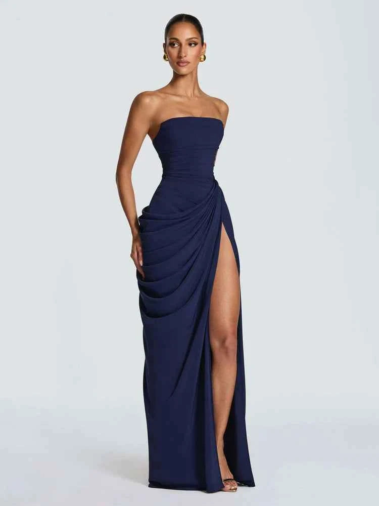 Lady Sexy Strapless Split Solid Pleated Dress Women Chic Backless High Waist Off-shoulder Dresses 2026 New Evening Party Gowns