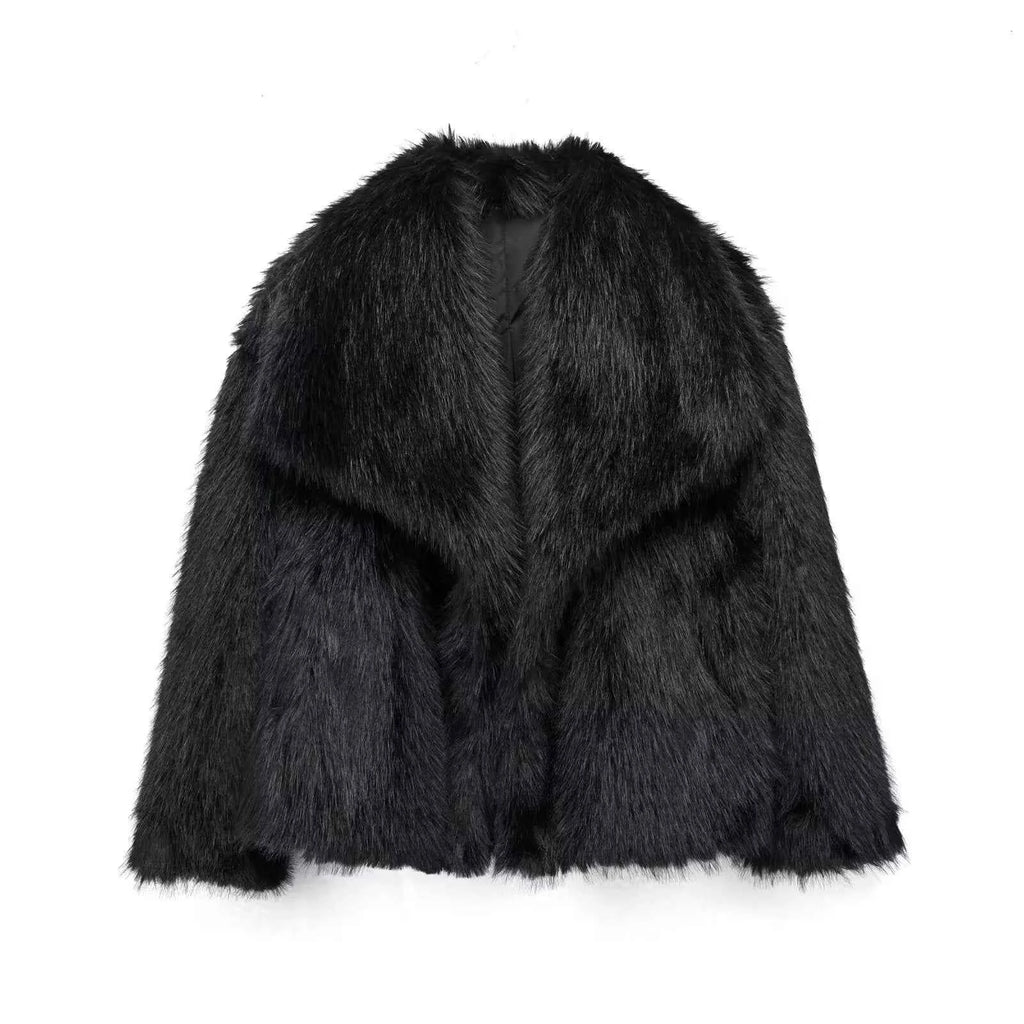 HH Women Fashion Cropped Faux Fur Jacket Coat Long Sleeve Front Snap-button Female Outerwear Chic Lapel Collar Thick Coat