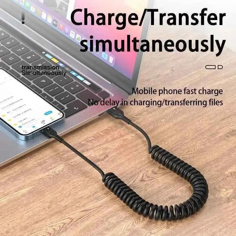 66W & LIGHTNING PD Fast Charging Type C to Type C Spring Telescopic Cable For iPhone 15 14 Samsung Xiaomi OnePlusCar USB Type C
