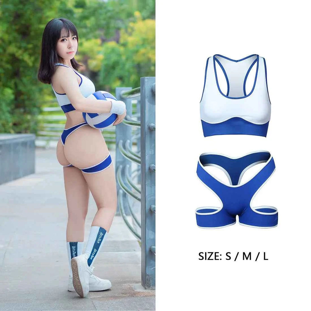 Sexy Cute Pure Desire Bra Set Girl Cheerleading Sports Underwear Lingerie Student Cosplay Costumes Hollow Split Swimsuit Bikini