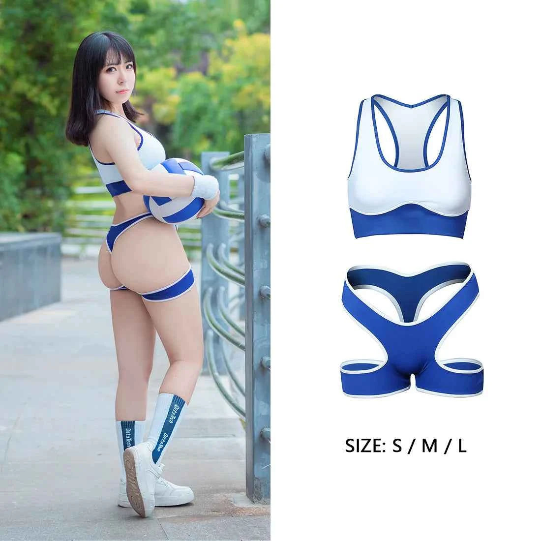 Sexy Cute Pure Desire Bra Set Girl Cheerleading Sports Underwear Lingerie Student Cosplay Costumes Hollow Split Swimsuit Bikini