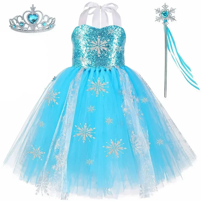 Sequins Elsa Costume for Girls Sky Blue Snow Queen Tutu Dress Snowflake Kids Halloween Birthday Carnival Party Princess Costume