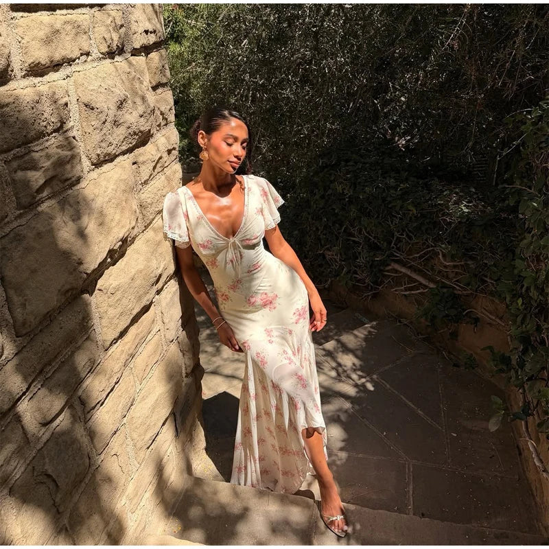 Women Elegant Printed Fishtail Dress Sexy V-neck Short Sleeve Waist-cinching Pleated Slim Maxi Dresses 2026 Lady Vacation Robe