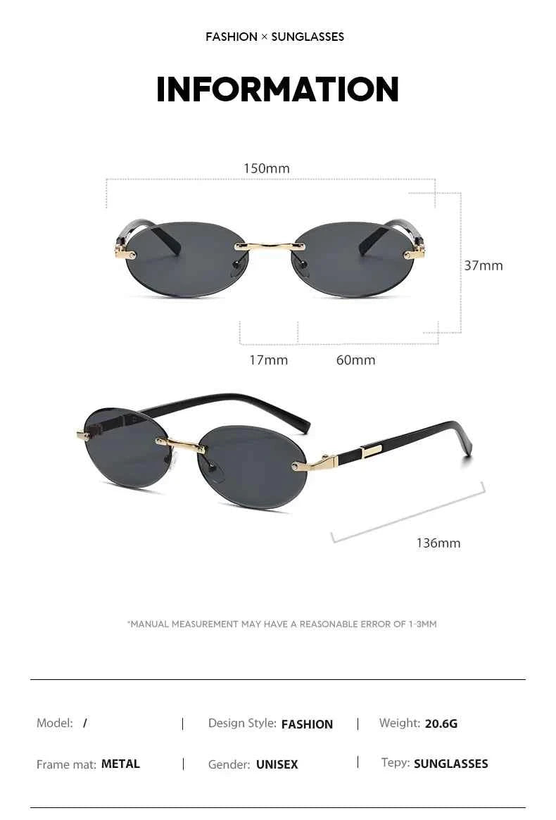 Popular Women Men Shades Oval Sun Glasses for Female Male Summer Traveling UV400 Rimless Sunglasses Round Fashion Gafas De Sol