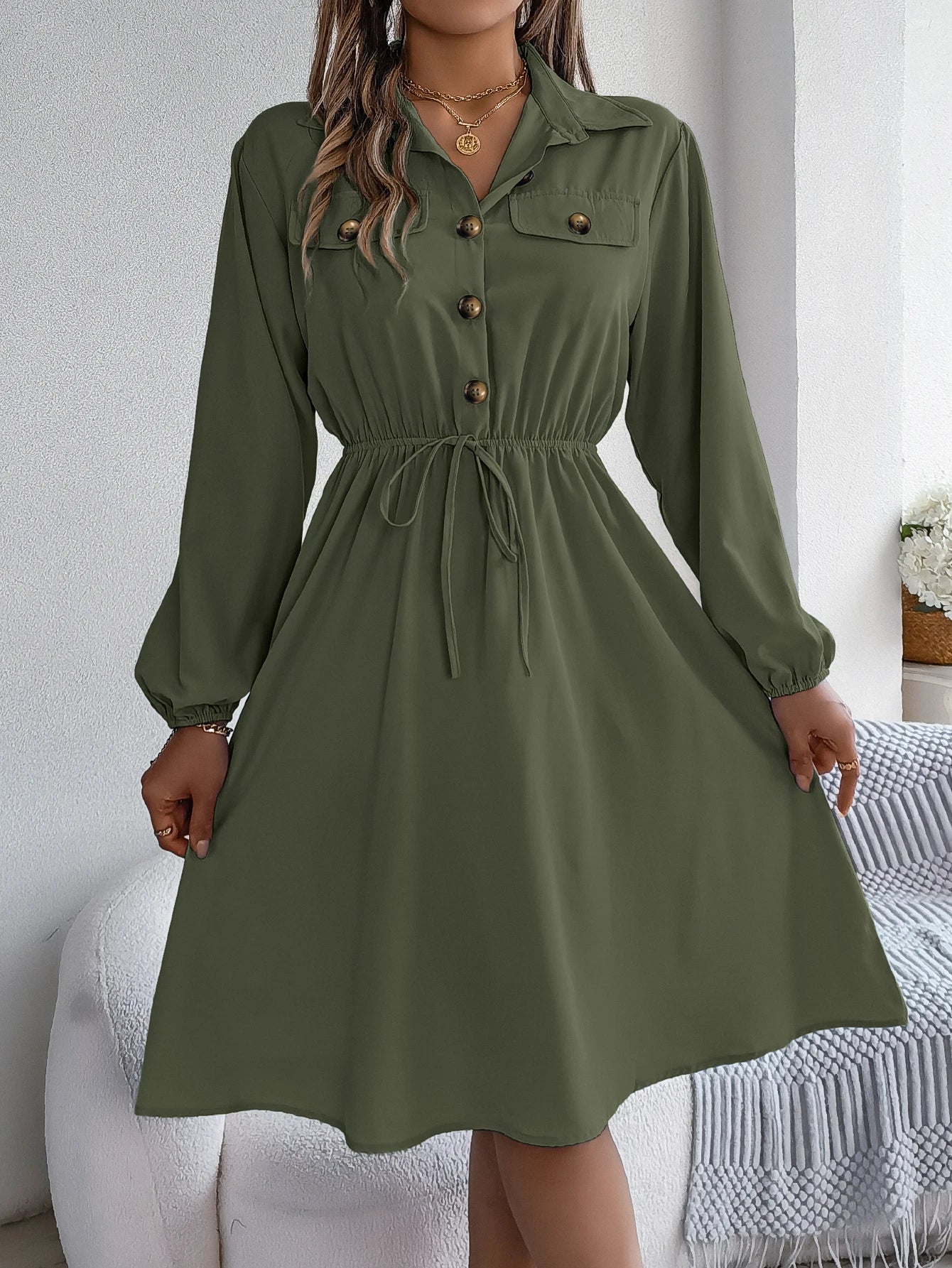 Autumn Winter Dresses for Women Casual Solid Color Button Tie Up Long sleeved Shirt Dress Blue  Green Black Red Woman Clothing