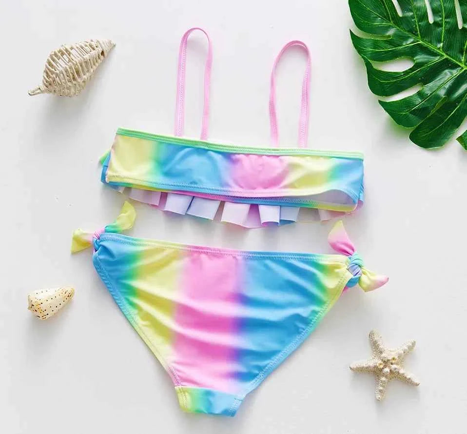 2-10Y New Fashion Kid Rainbow Design Bikini Set Lovely Two Pieces Child Swimwear Cute Girl Flouncing Swimsuit Summer Beachwear