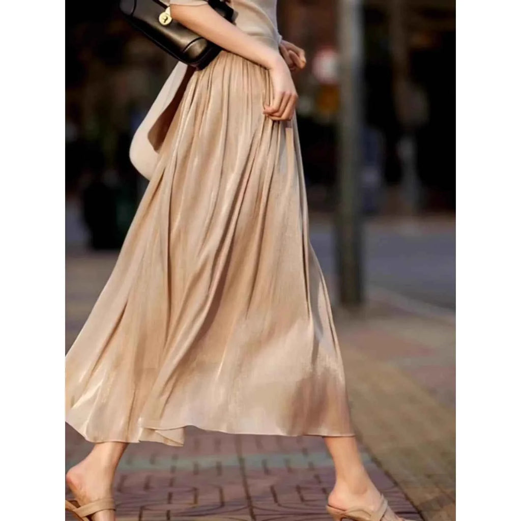2025 Spring/Summer New Luster  A-line Women Skirt Solid Color High Waist French Paris Style Elegant Asymmetrical Skirt