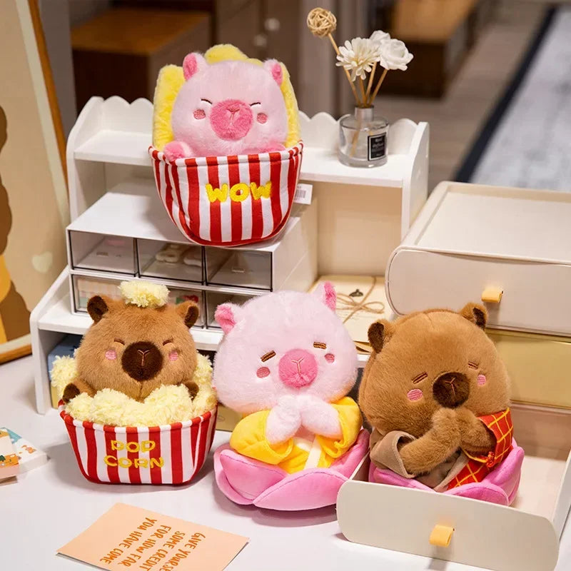Adorable Plush Pig Bear Capybara Stuffed Animals Set Popcorn Lotus Containers Soft Home Nursery Decor Gift Kids Baby