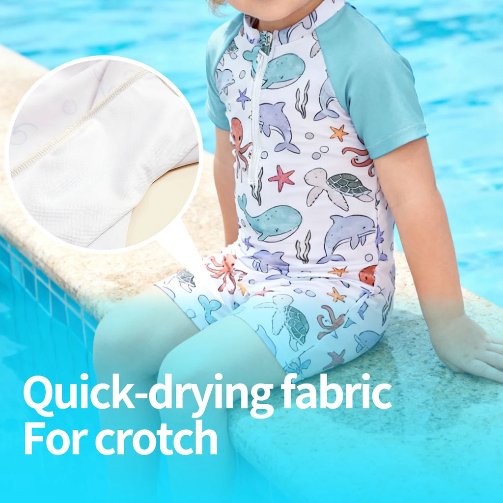 Happyflute Kids Short Sleeve One-Piece Swimsuit Quick Dry Toddler Summer Rash Guard with Shorts ，Sun Protection Suit