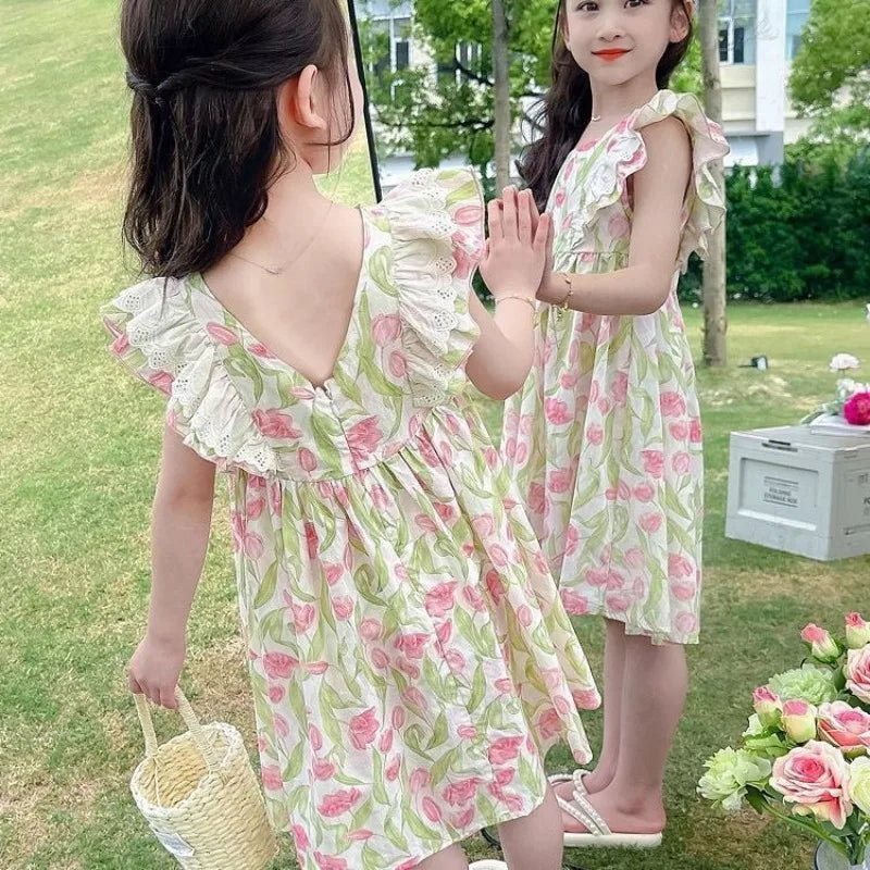 Girls Dress Summer Clothes Hanfu Fashion Children's Vintage Net Yarn Dress Kids Girls Dresses for School Wedding of 12 Years Old
