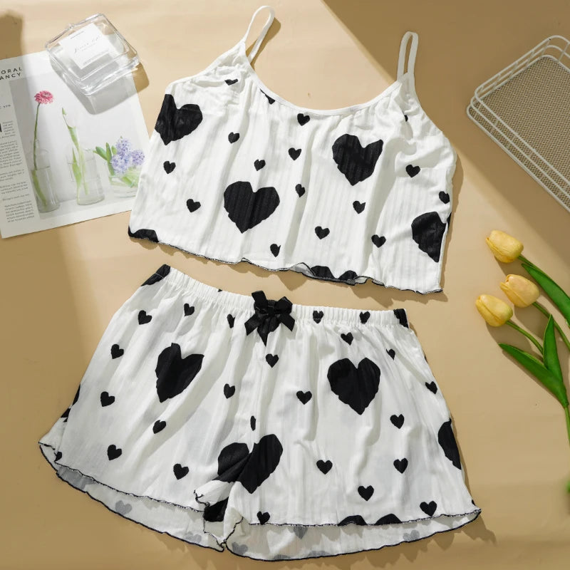 Heart Print 2PCS Home Suit Women's Suspender Shorts Casual Fashion Nightwear Female pajamas Lightweight Love Sleepwear