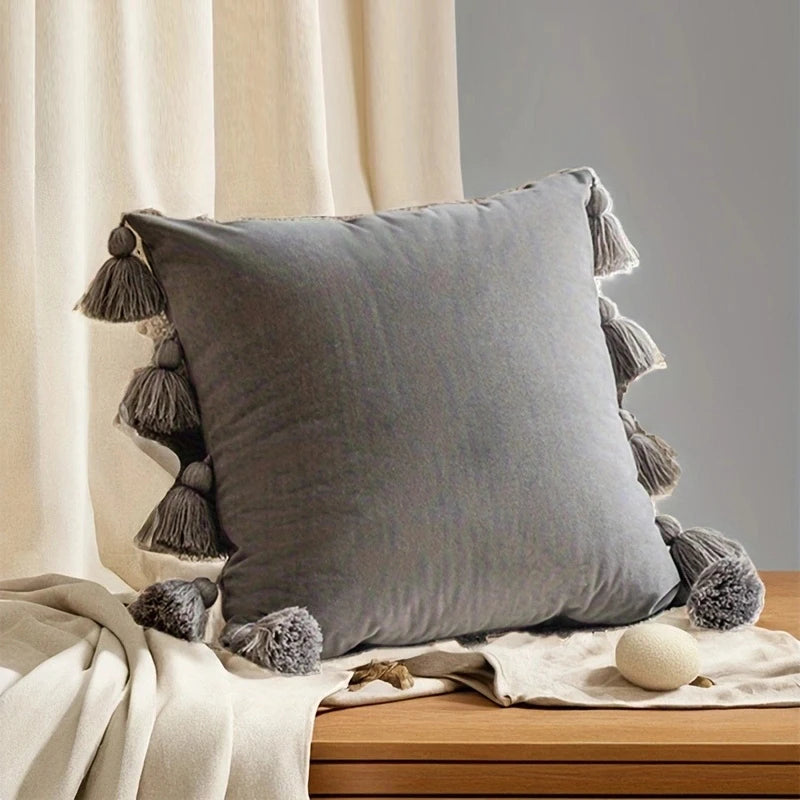 1pcSolid Decorative Throw Pillow Cover with Tassels Boho Accent Cushion Case for Couch Bedroom Car
