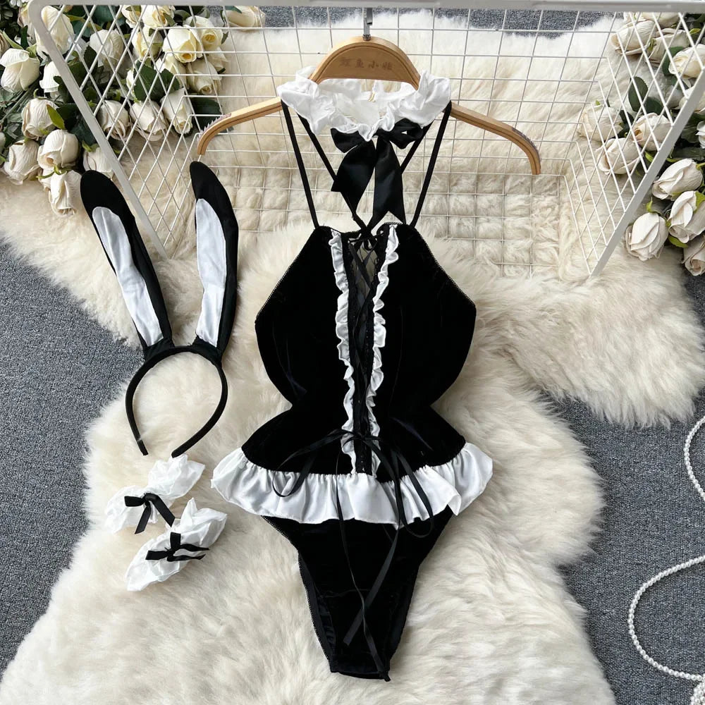 Summer Girls Sexy Hot Sweet Transparent Suspender Mini Dress Women Elastic Waist And Backless Strap Lolita Pajamas Bubble Skirt