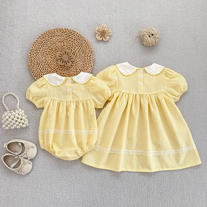 2026 Summer Baby Girl Embroidered Collar Bodysuits 0-24M Baby Girl Romper Newborn Short Sleeved Baby Girl Yellow Jumpsuit