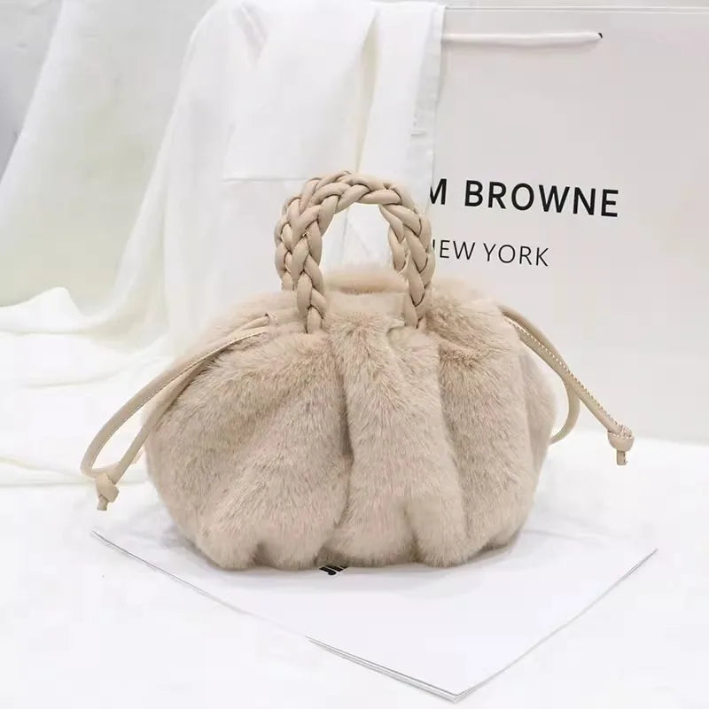 Autumn and winter versatile simple solid color portable hair bag women's autumn and winter new pleated cloud bag high-end plush