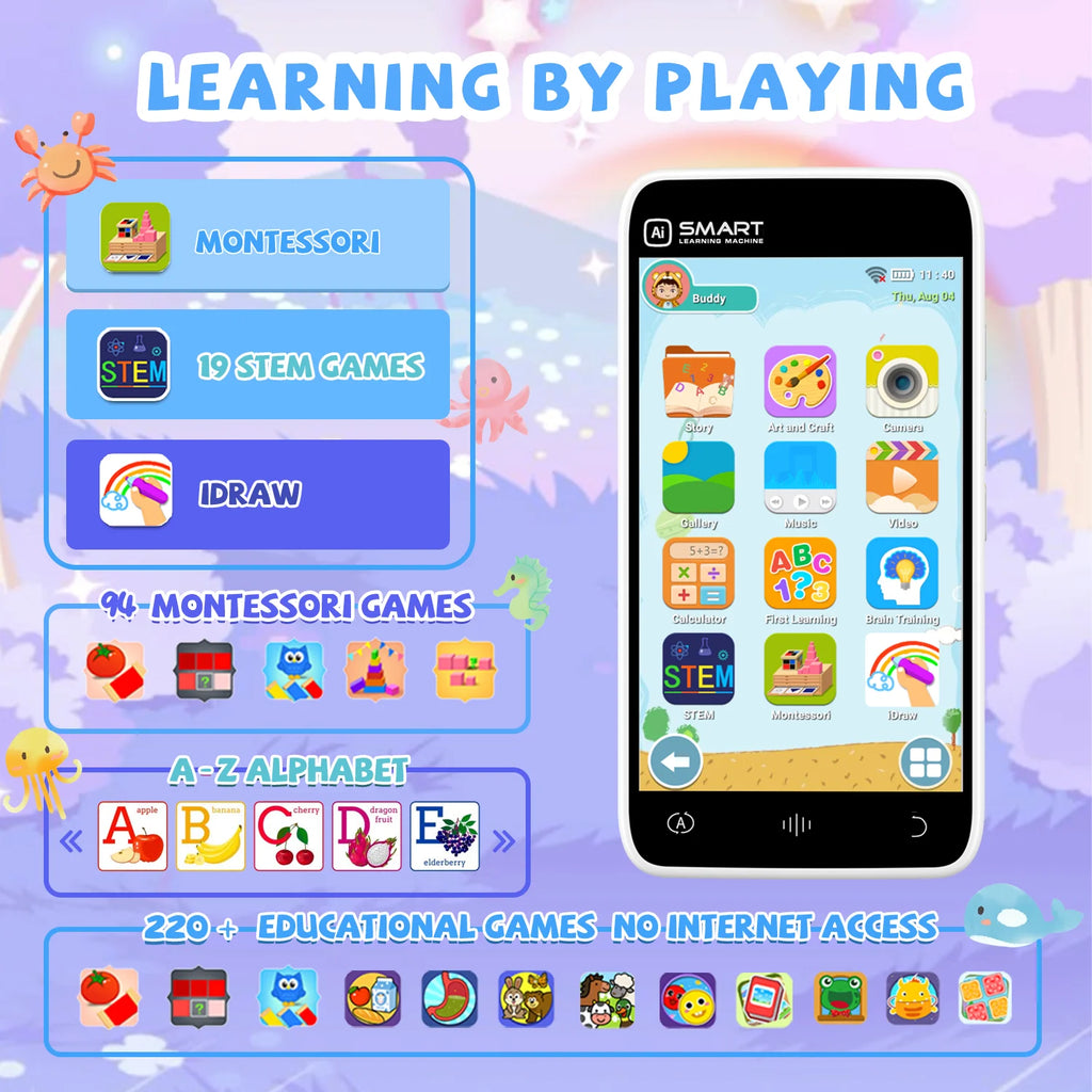 Kids Toys Smart Phone With 3.97" Touchscreen Dual Cameras 220+ Games Toddler Cell Phones Learning Toys for Children Festive Gift