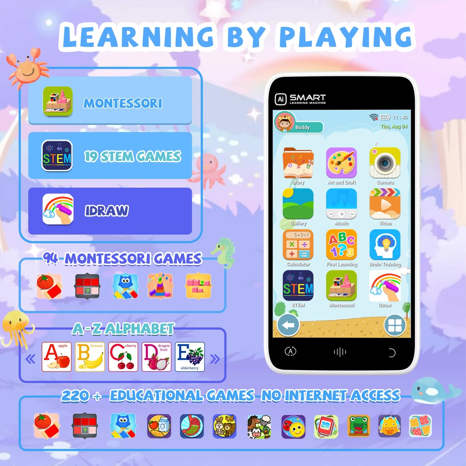 Kids Toys Smart Phone With 3.97" Touchscreen Dual Cameras 220+ Games Toddler Cell Phones Learning Toys for Children Festive Gift