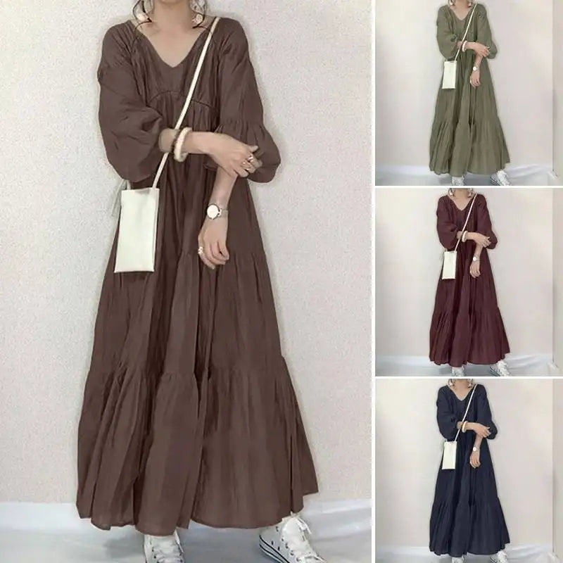 ZANZEA Vintage Ruffle Dress Women's Spring Sundress Casual Puff Sleeve Maxi Vestidos Female V Neck Robe Elegant Long Dresses
