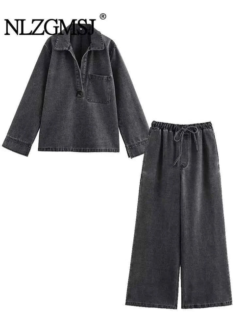2024 Autumn Jeans Sets Women Turn-down Collar Casual Top Fashion High Waist Streetwear Female Denim Pant Two Piece Set