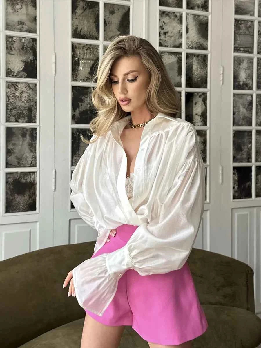 Bornladies Autumn Women's Fashionable Loose Collared Shirt Office Lady Solid Color Versatile Flare sleeve Top Long Sleeved Shirt