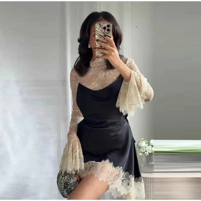 Elegant Lace Trim Satin Dress Women High Neck Color Block Full Sleeve Y2K Mini Dresses 2026 Spring Lady New Sexy Party Clubwear