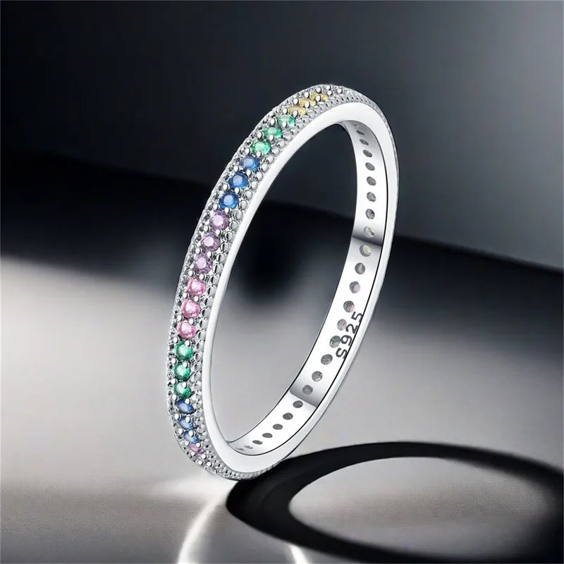 MISEFF Real 925 Sterling Silver Double Rings Simple Color Zircon Rings For Wedding Engagement Birthday Silver Jewelry Gift