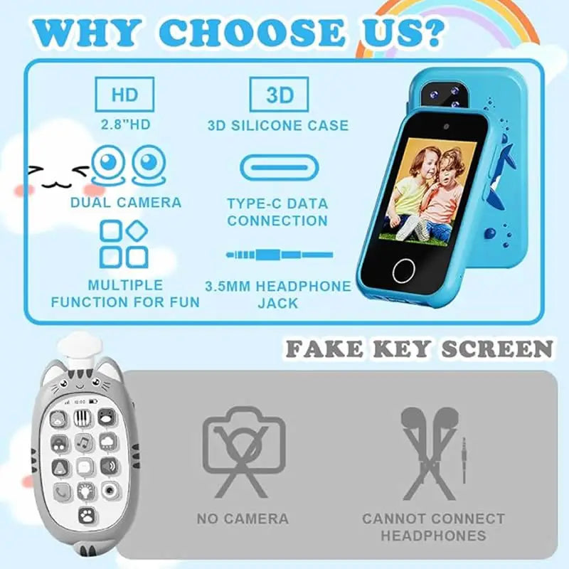 Digital Camera Kids Smart Phone MP3 Player Camera Toys Toys for Girls Touchscreen Unicorn Baby Mobile Educational Boys Age 3-8