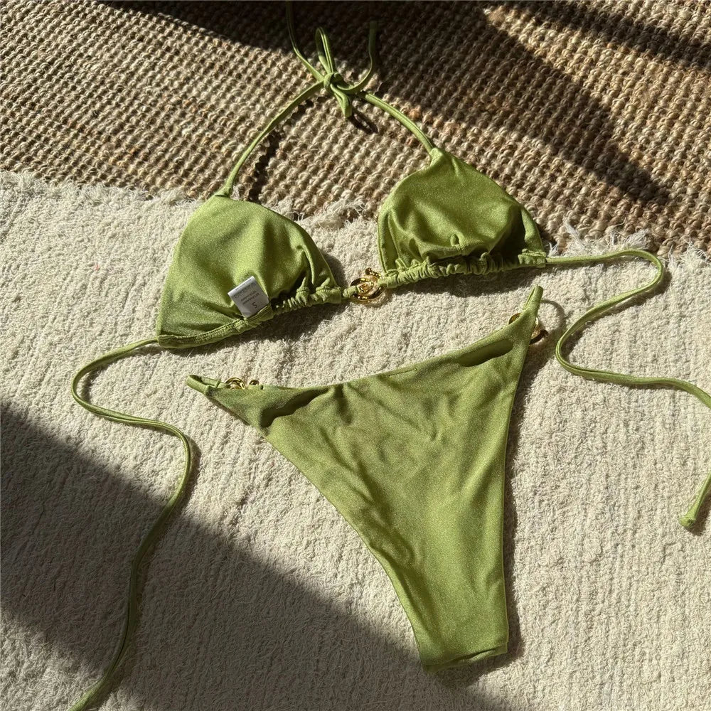 Solid Orange Swimwear Metal Ring String Halter Triangle Micro Bikini Thong Sexy Swimsuit Women 2026 Bathing Suit Bikinis Sets