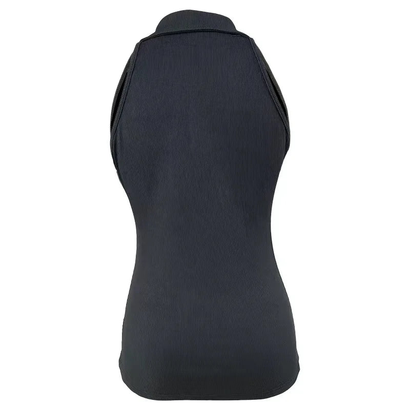 Europe and the United States new spring and summer solid color pit strip lapel zipper vest women fashion casual T-shirt women's