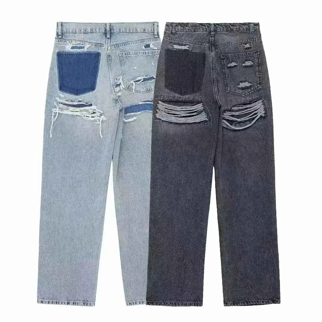 HH 2024 Women's Street Fashion Denim Blue Jeans Distressed Patchwork High Waist Zipper Fly Ripped Retro Long Pants