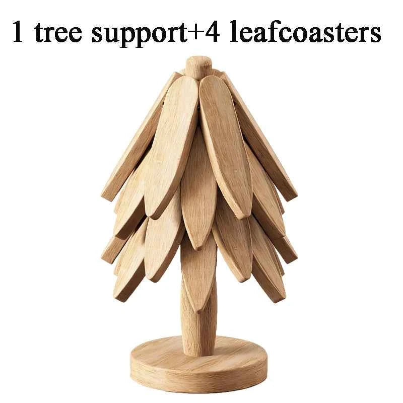 Tree Shape Wooden Trivet Set 4 Trivets + 1 Stand for Hot Dishes Natural Foldable Kitchen Trivet for Pot Bowl Teapot Hot Pot Hold