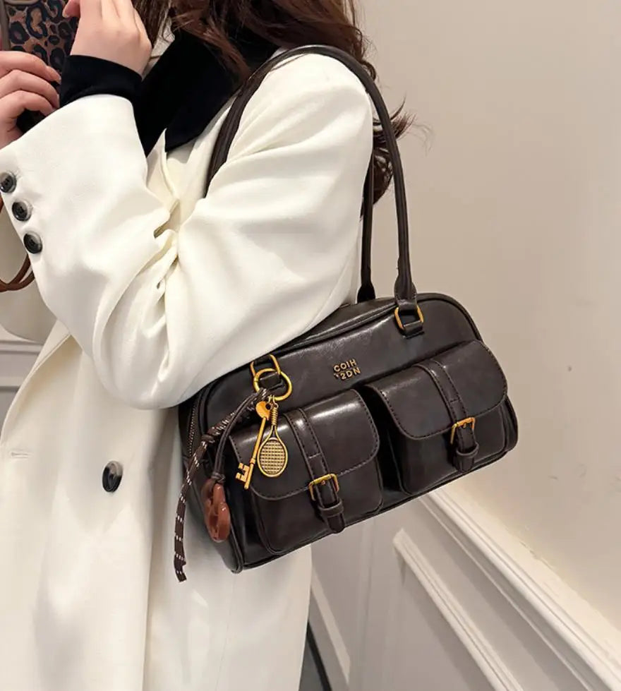 Women Multi Pocket Shoulder Tote Bag with Golden-Tone Hardware & Letter, Stylish Handbag Purse for Travel, Work, Shopping, Dates