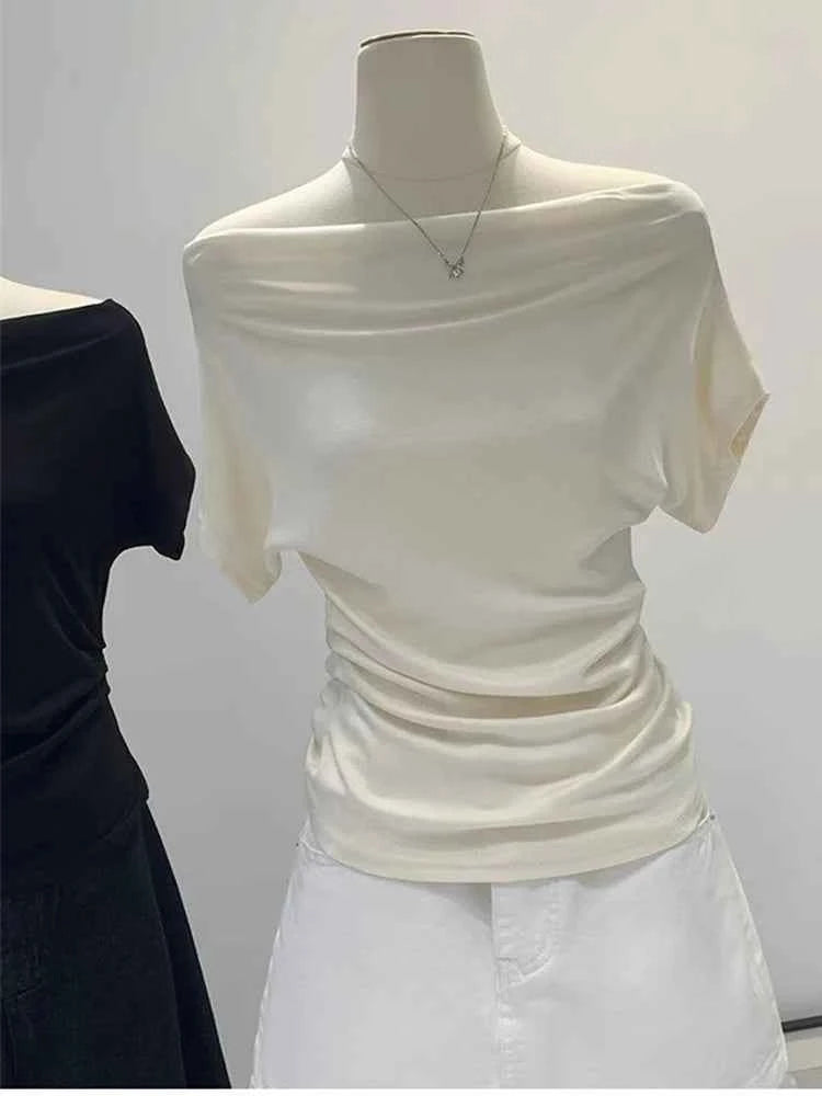 Summer One Shoulder Black Women's T-shirt Short Sleeve Korean Style Slimming Top Exposed Shoulder Fashionable
