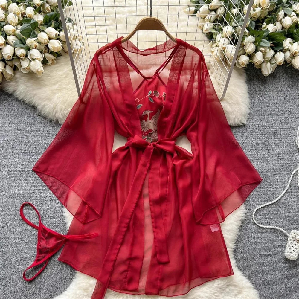 Summer Girls Sexy Hot Sweet Transparent Suspender Mini Dress Women Elastic Waist And Backless Strap Lolita Pajamas Bubble Skirt