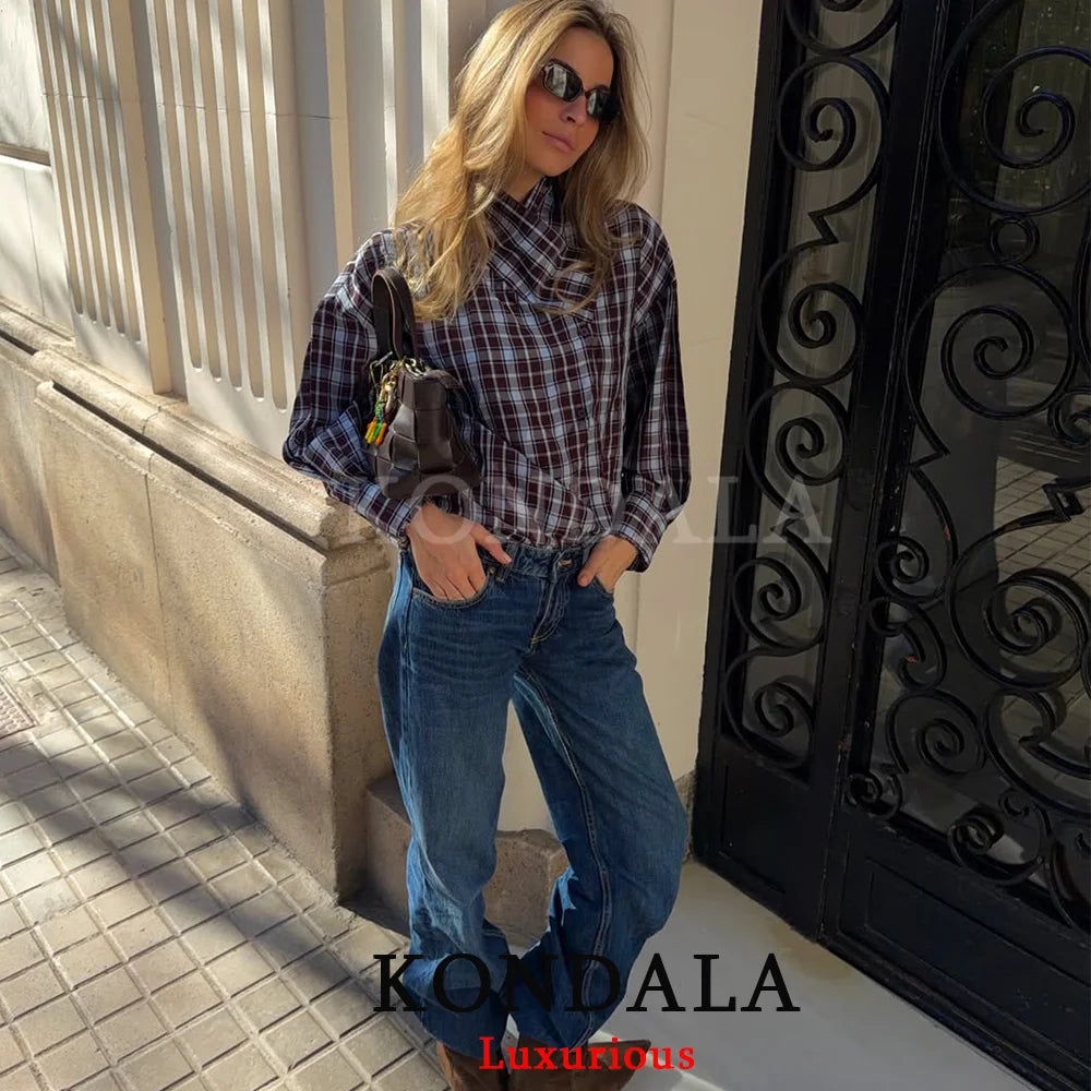 KONDALA Streetwear Casual Chic Women Blouse Plaid Stand Collar Single Breasted Blouse Fashion 2026 Spring Summer Holiday Blouse
